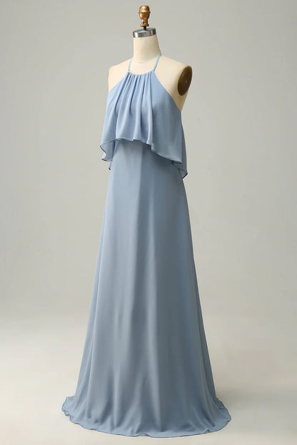 Halter Dusty Blue Bohemian Chiffon Bridesmaid Dress RF0422