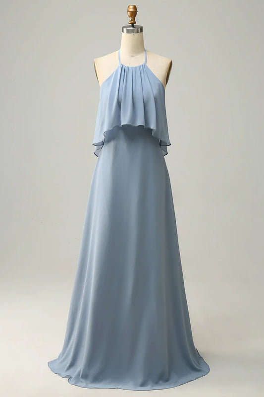 Halter Dusty Blue Bohemian Chiffon Bridesmaid Dress RF0422