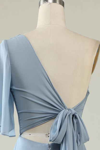 Dusty Blue One-Shoulder Chiffon Bridesmaid Dress RF0423