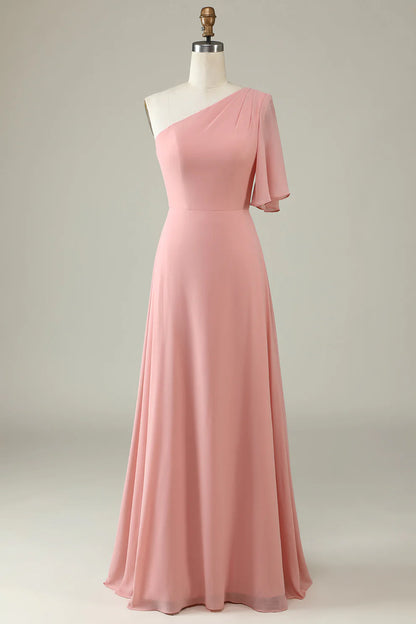 Dusty Blue One-Shoulder Chiffon Bridesmaid Dress RF0423