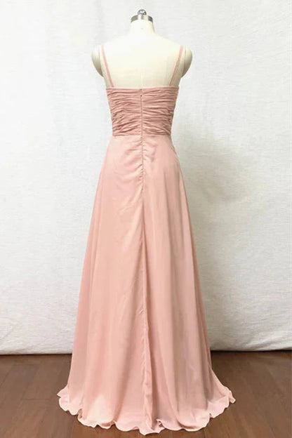 Spaghetti Straps Blush Pink Pleate Chiffon Long Bridesmaid Dress RF0424
