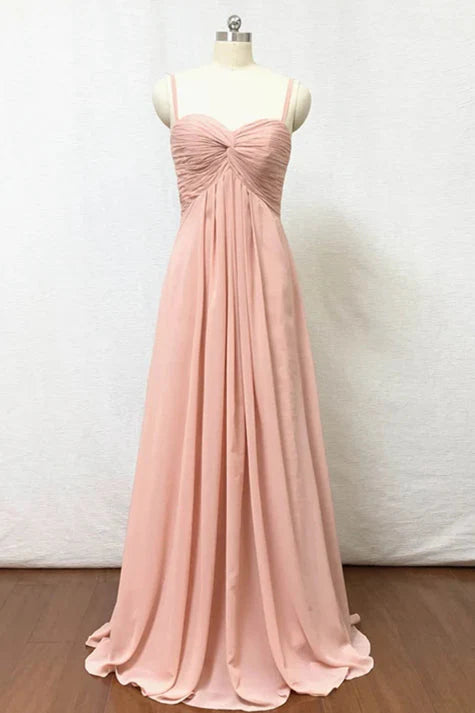 Spaghetti Straps Blush Pink Pleate Chiffon Long Bridesmaid Dress RF0424