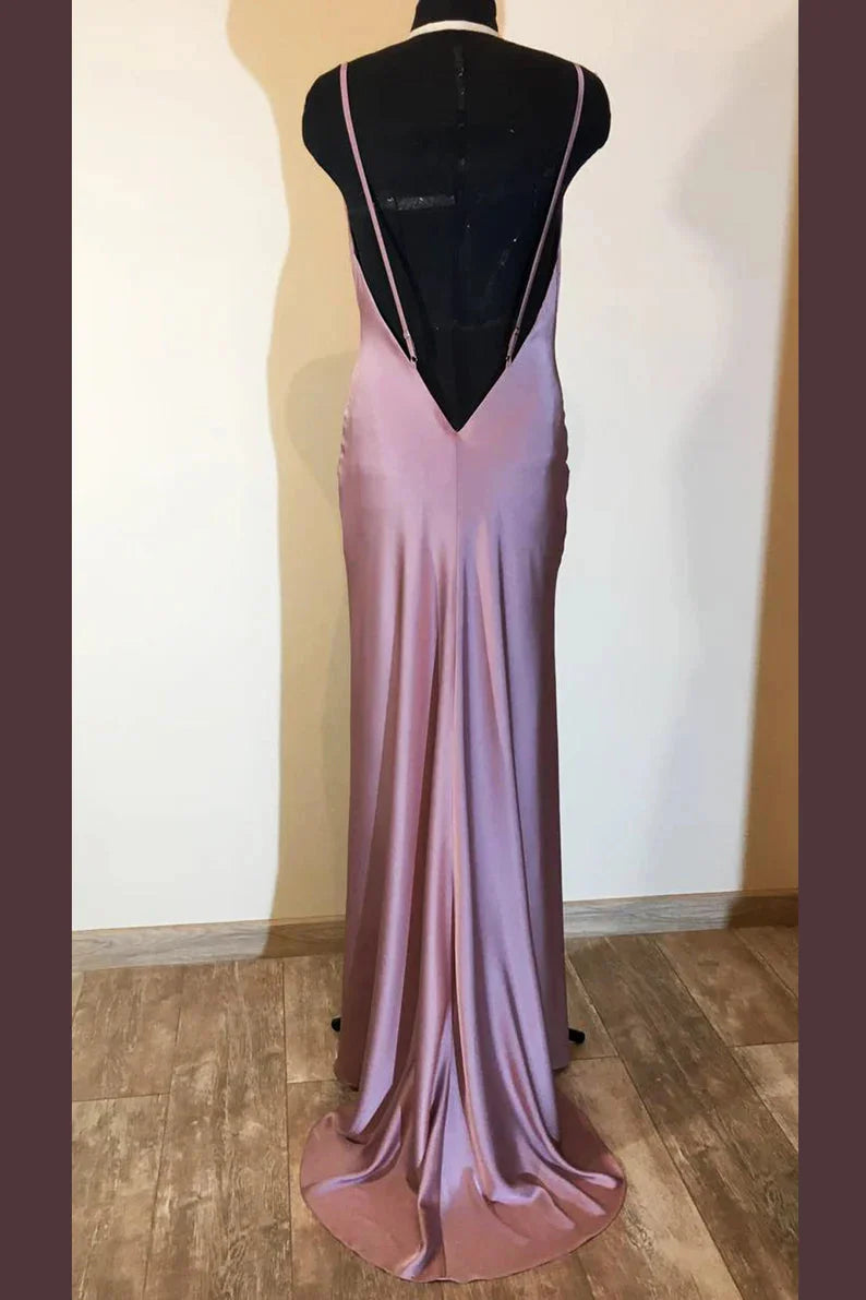Dusty Purple  Satin Long Cowl Neck Bridesmaid Dress with Slit RF0426