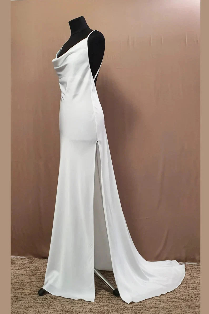 Dusty Purple  Satin Long Cowl Neck Bridesmaid Dress with Slit RF0426