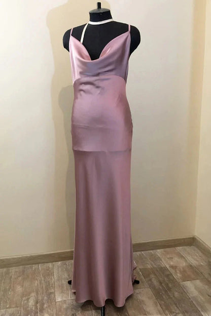 Dusty Purple  Satin Long Cowl Neck Bridesmaid Dress with Slit RF0426
