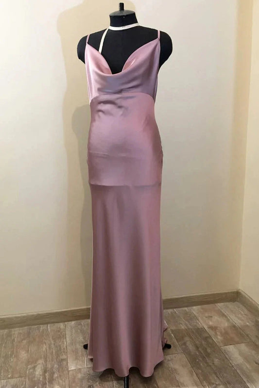 Dusty Purple  Satin Long Cowl Neck Bridesmaid Dress with Slit RF0426