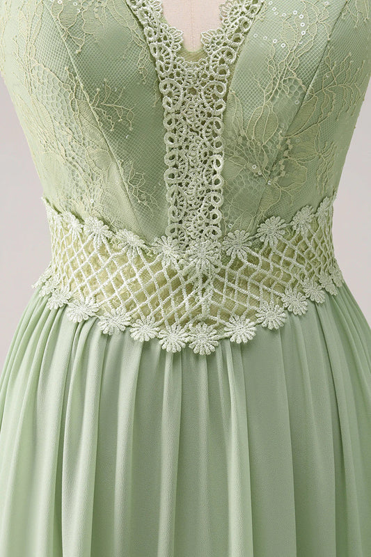 Green Ruffled Floral A-Line Spaghetti Straps Bridesmaid Dress with Lace RF0427