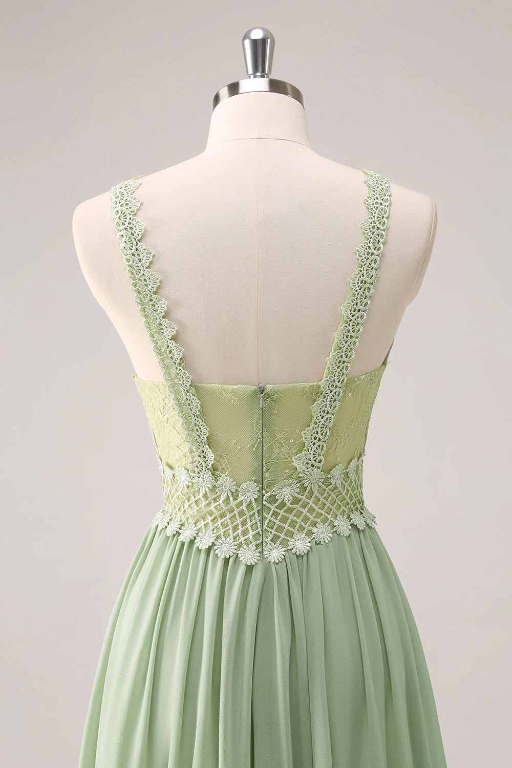 Green Ruffled Floral A-Line Spaghetti Straps Bridesmaid Dress with Lace RF0427