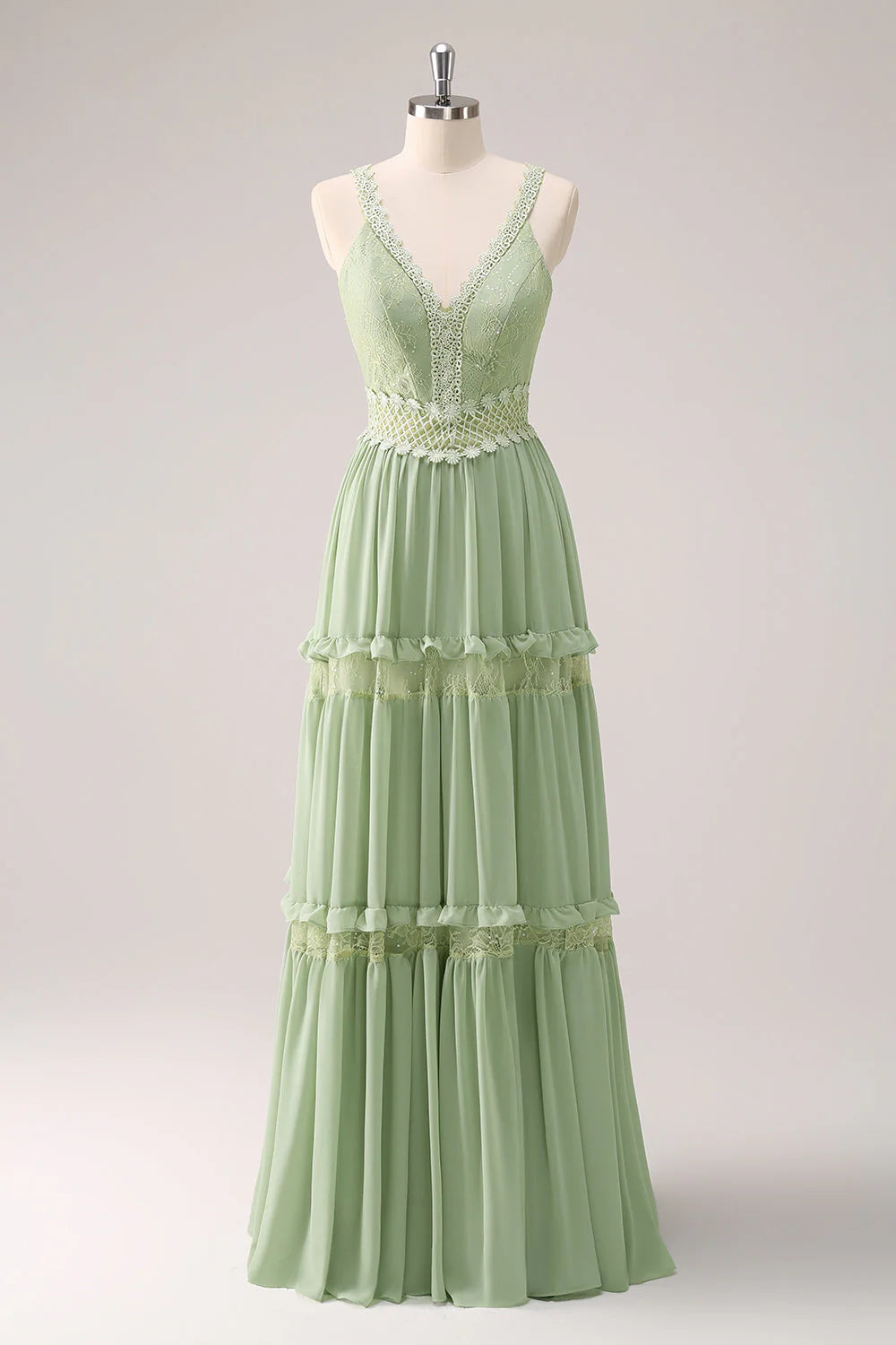 Green Ruffled Floral A-Line Spaghetti Straps Bridesmaid Dress with Lace RF0427