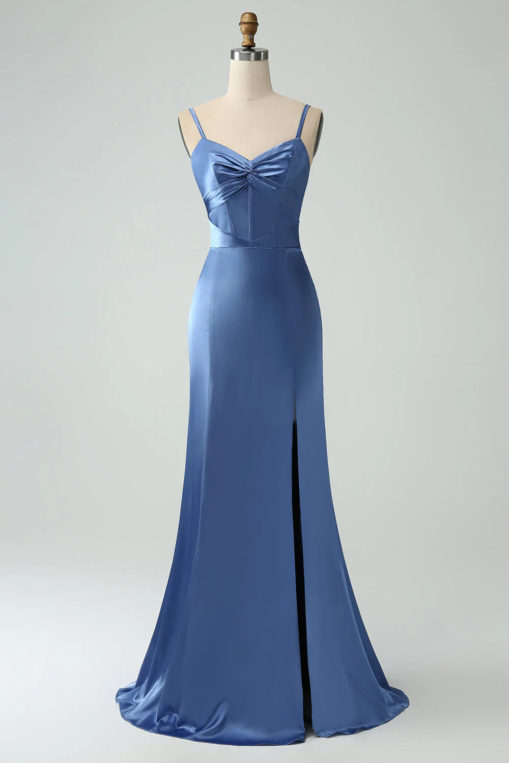 Grey Blue Mermaid Spaghetti Straps Long Satin Bridesmaid Dress with Slit RF0429