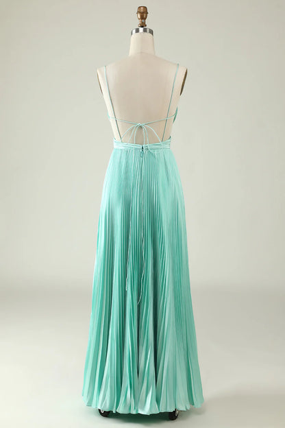Light Green Spaghetti Straps A-Line Backless Pleated Long Bridesmaid Dress RF0430