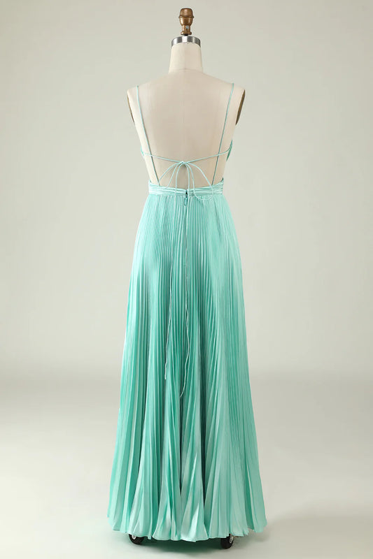 Light Green Spaghetti Straps A-Line Backless Pleated Long Bridesmaid Dress RF0430