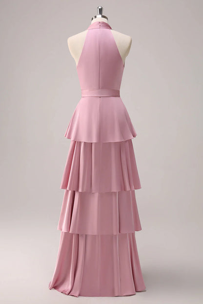 Pink Halter Tiered A-Line Satin Bridesmaid Dress with Sash RF0431