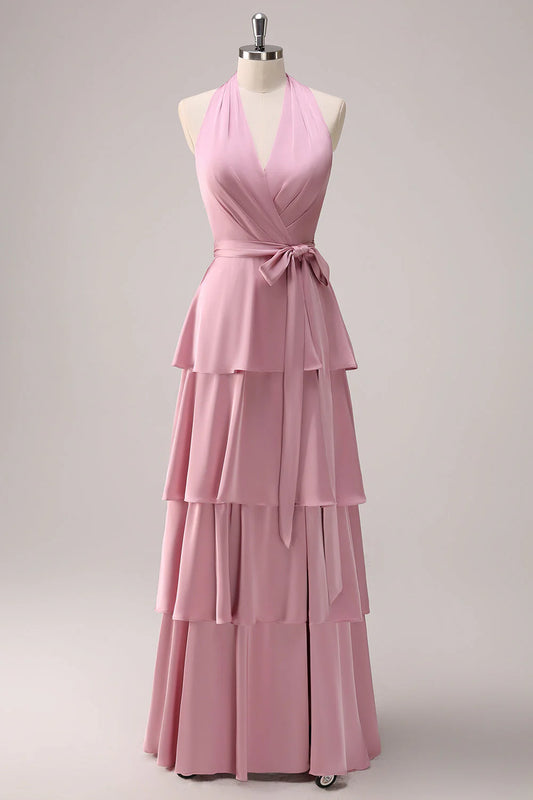 Pink Halter Tiered A-Line Satin Bridesmaid Dress with Sash RF0431