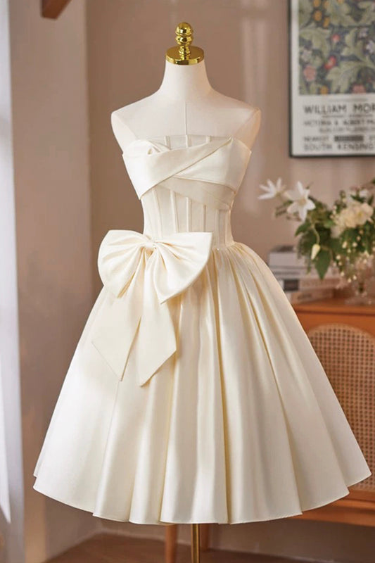 Champagne Satin Short A-Line Strapless Prom Party Dress RF0432