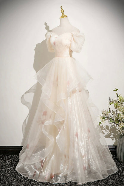 Champagne Tulle Printed Long Prom Dress, Beautiful A-line Evening Dress  - RF0436