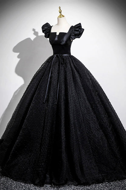 Black Satin Tulle Long A-Line Prom Dress Elegant Square Neck Formal Evening Dresses- RF0439