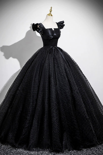 Black Satin Tulle Long A-Line Prom Dress Elegant Square Neck Formal Evening Dresses- RF0439