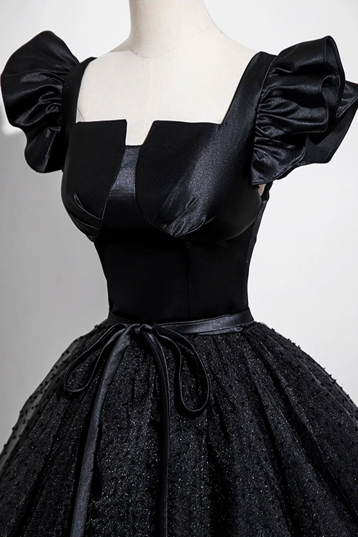 Black Satin Tulle Long A-Line Prom Dress Elegant Square Neck Formal Evening Dresses- RF0439