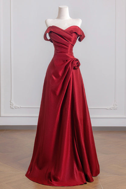 Robe de bal longue élégante en satin bordeaux, robe de soirée trapèze à épaules dénudées - RF0440