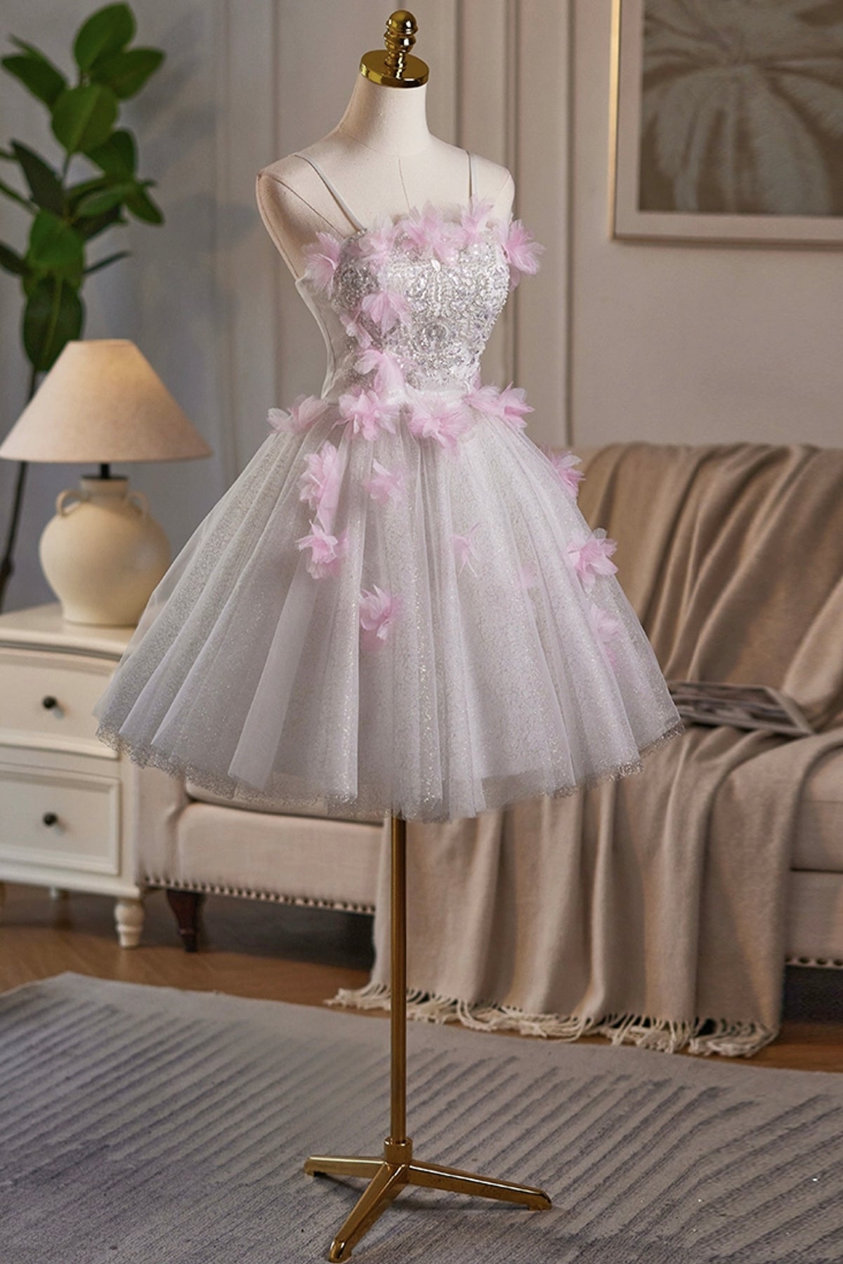 White Tulle and Pink Fowers Short A-Line Prom Party Dress - RF0441