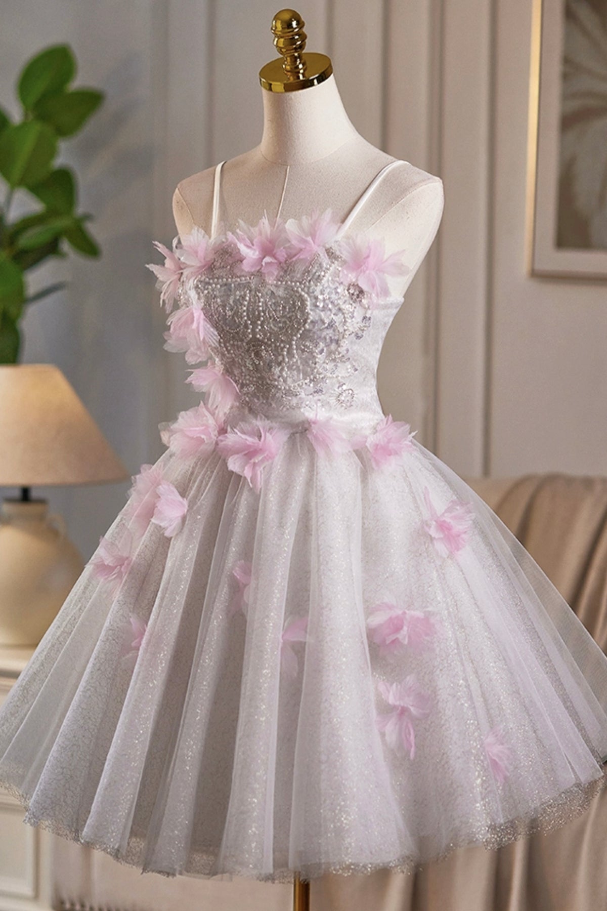 White Tulle and Pink Fowers Short A-Line Prom Party Dress - RF0441