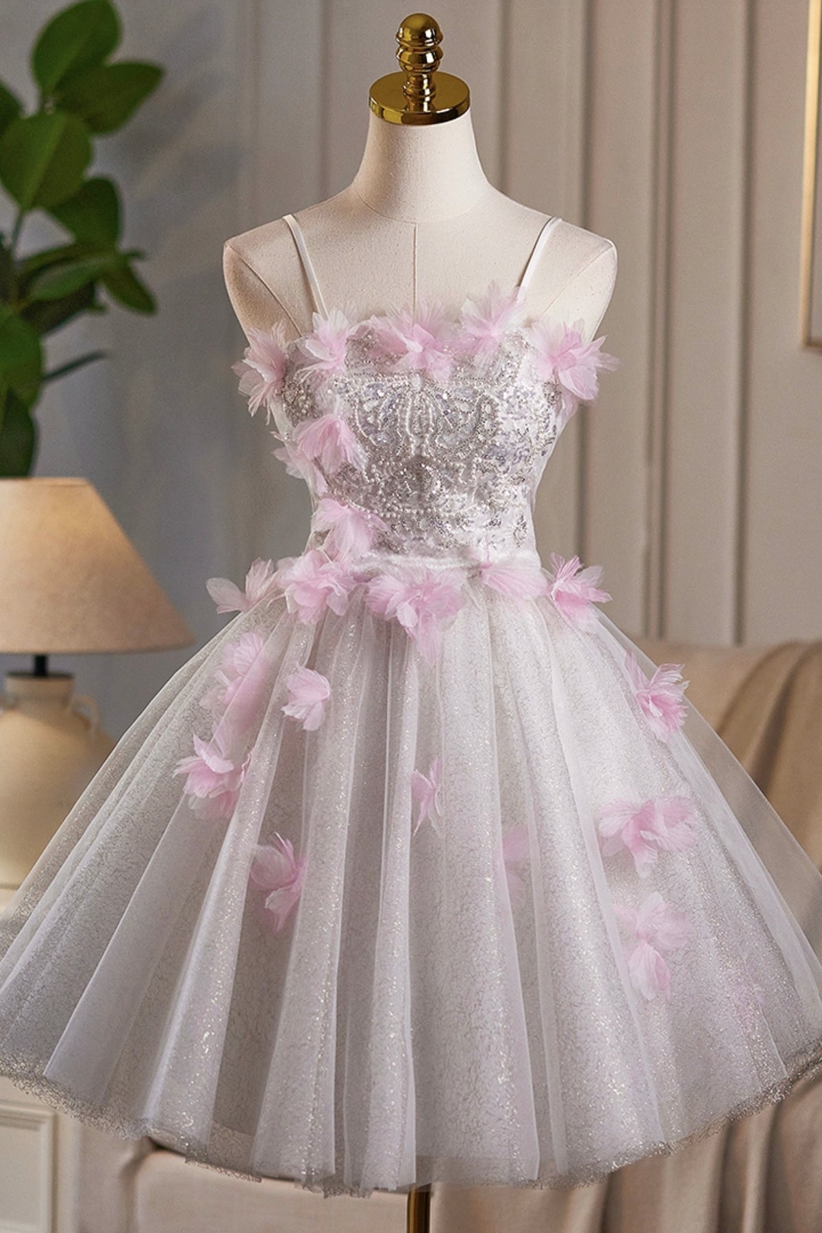 White Tulle and Pink Fowers Short A-Line Prom Party Dress - RF0441