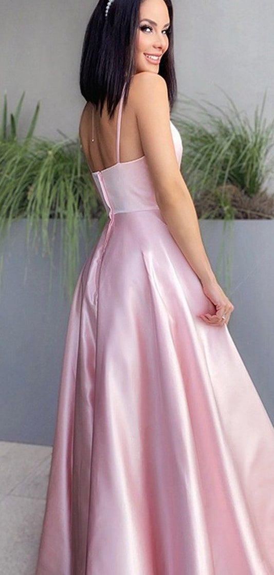 Pink V-neck Satin A-Line Spaghetti Straps Bridesmaid Dress Ball Dress- RF0449