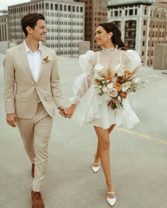 Short Beach Vintage Unique Long Sleeves Wedding Dresses- RF0450