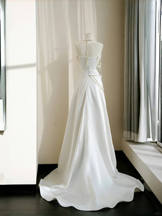Elegant White Strapless Satin Mermaid Long Prom Dresses Pearl Wedding Dress- RF0453