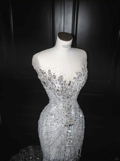 Elegant V-neck Tulle Beading Diamond Mermaid Long Prom Dresses Glam Formal Evening Dress- RF0455