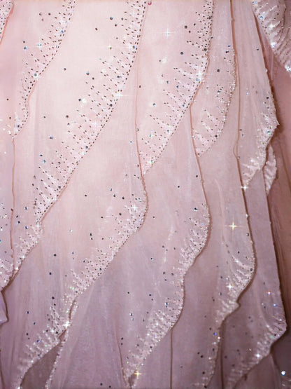 Pink Gorgeous Strapless Tulle Sequined A-Line Prom Dresses Sweet Evening Dress- RF0457