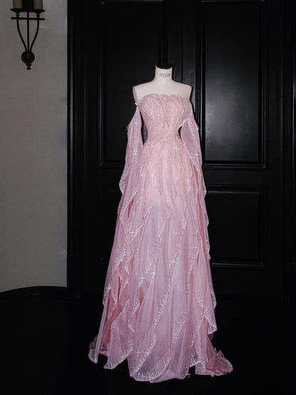 Pink Gorgeous Strapless Tulle Sequined A-Line Prom Dresses Sweet Evening Dress- RF0457