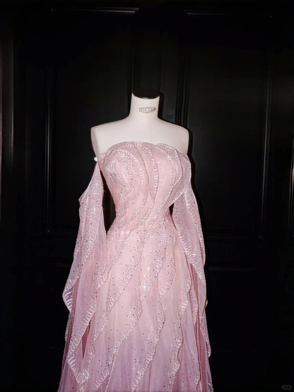 Pink Gorgeous Strapless Tulle Sequined A-Line Prom Dresses Sweet Evening Dress- RF0457