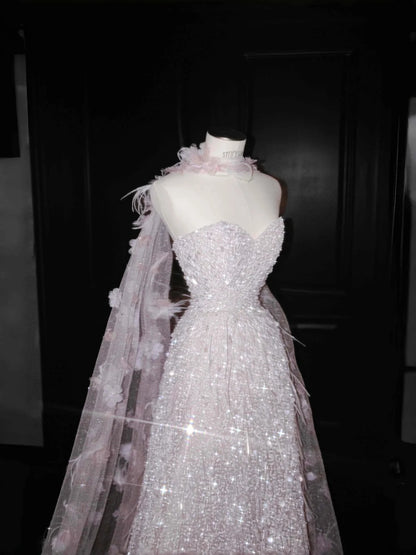 Pink Tulle Sequin Sweetheart Neckline A-Line Prom Dresses Elegant Evening Dress- RF0459