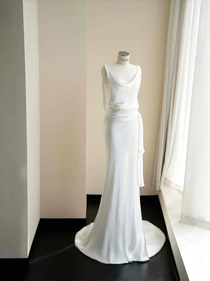 Elegantes weißes Meerjungfrau-Abendkleid aus Satin mit U-Ausschnitt – RF0461