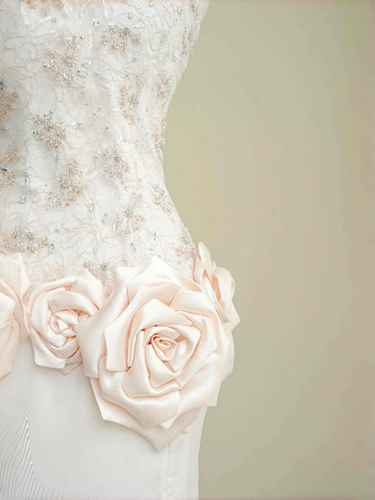Glamorous Satin Lace Mandarin Neck Mermaid Wedding Dress, Beaded Formal Evening Gown- RF0462