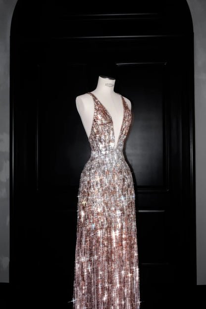 Sparkling Backless Deep V Neck Sequined Sheath Prom Dress Charming Evening Dress- RF0463