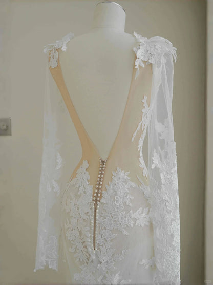 Elegant White Long Sleeve Backless Mermaid Tulle Lace Applique Wedding Dress Formal Evening Gown- RF0464