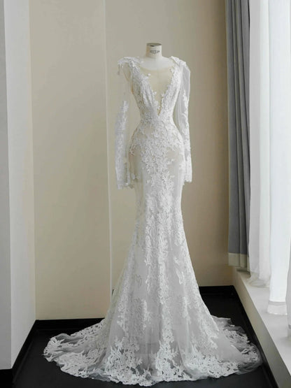 Elegant White Long Sleeve Backless Mermaid Tulle Lace Applique Wedding Dress Formal Evening Gown- RF0464