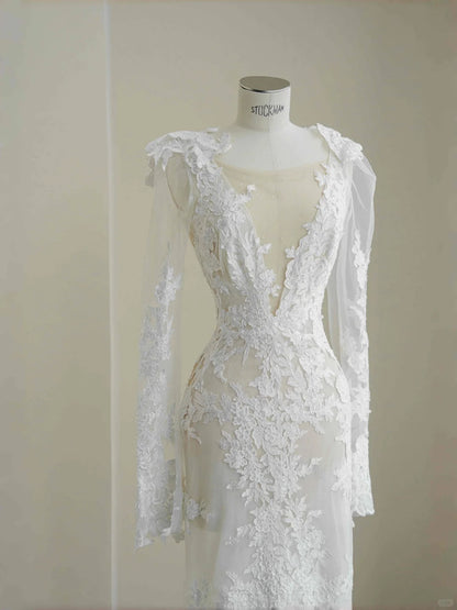 Elegant White Long Sleeve Backless Mermaid Tulle Lace Applique Wedding Dress Formal Evening Gown- RF0464