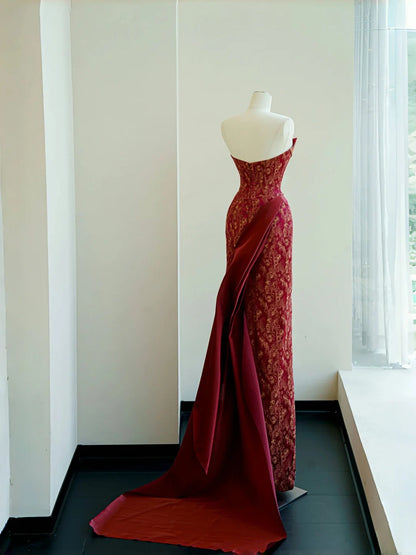 Vintage Red Strapless Jacquard Satin Sheath Evening Dress Bridal Gown- RF0466