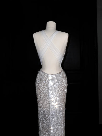 Robe de soirée sirène sexy à dos nu et décolleté en V profond, à sequins, superbe robe de soirée formelle - RF0467