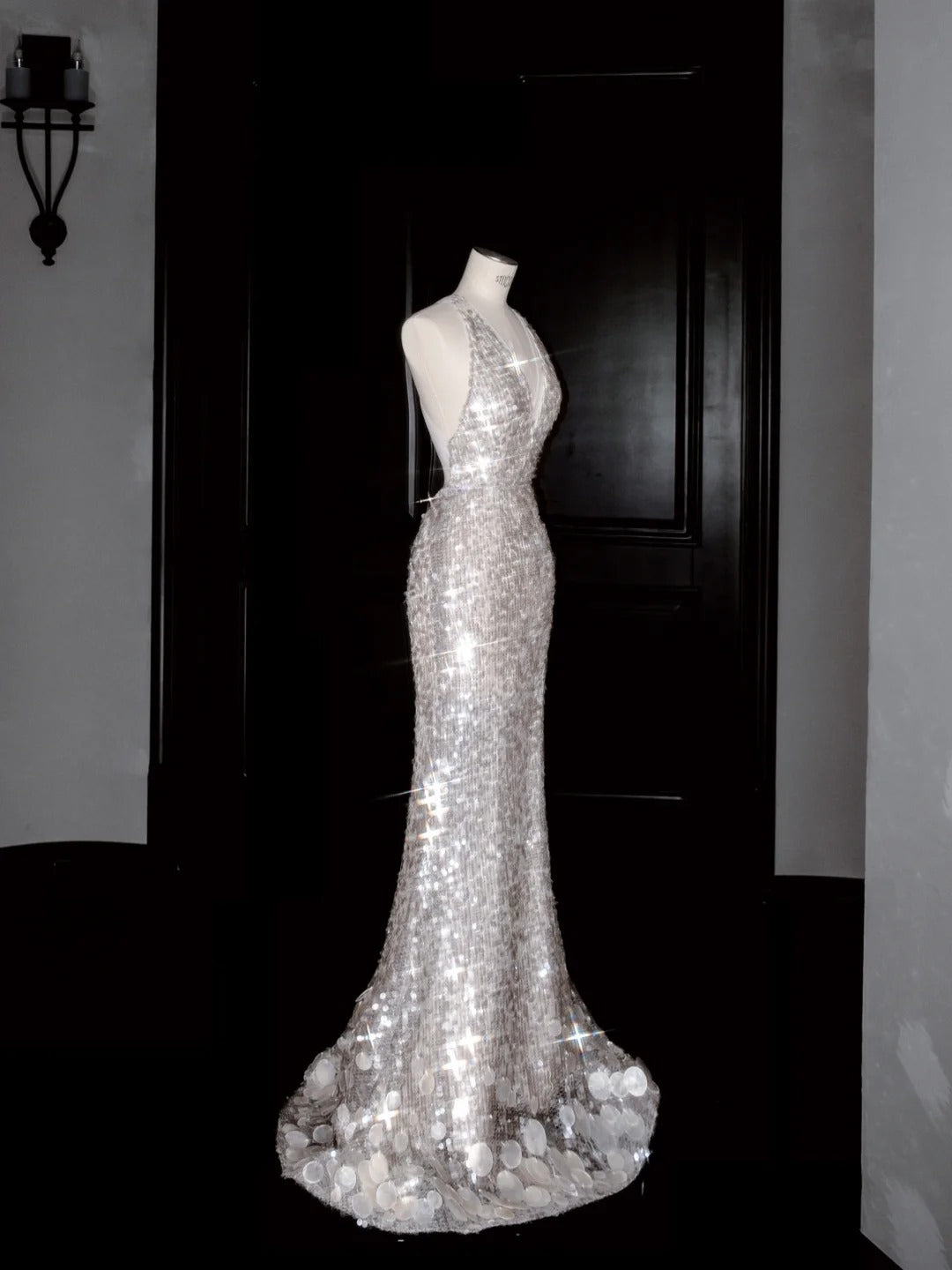 Robe de soirée sirène sexy à dos nu et décolleté en V profond, à sequins, superbe robe de soirée formelle - RF0467