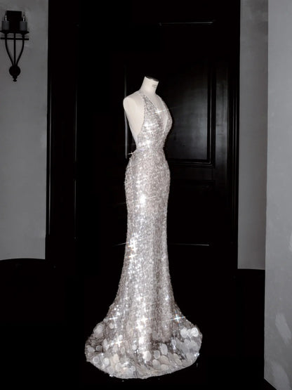 Robe de soirée sirène sexy à dos nu et décolleté en V profond, à sequins, superbe robe de soirée formelle - RF0467