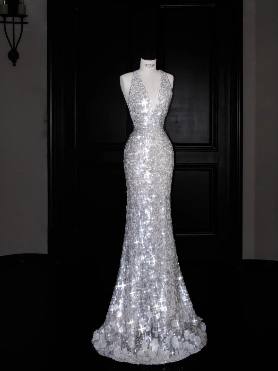 Robe de soirée sirène sexy à dos nu et décolleté en V profond, à sequins, superbe robe de soirée formelle - RF0467