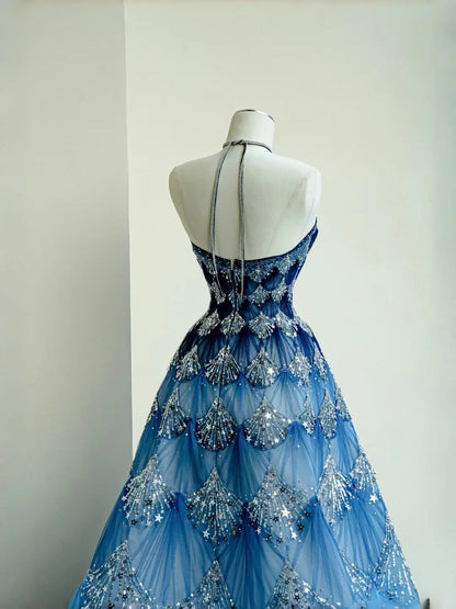 Mesmerizing Ocean Blue Halter Neck A-Line Sequin Tulle Long Prom Dresses Unique Evening Gowns- RF0468