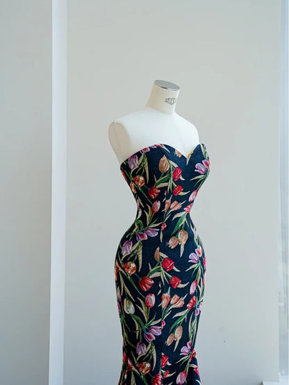 Robe de soirée sirène élégante en satin imprimé à col en cœur - RF0469