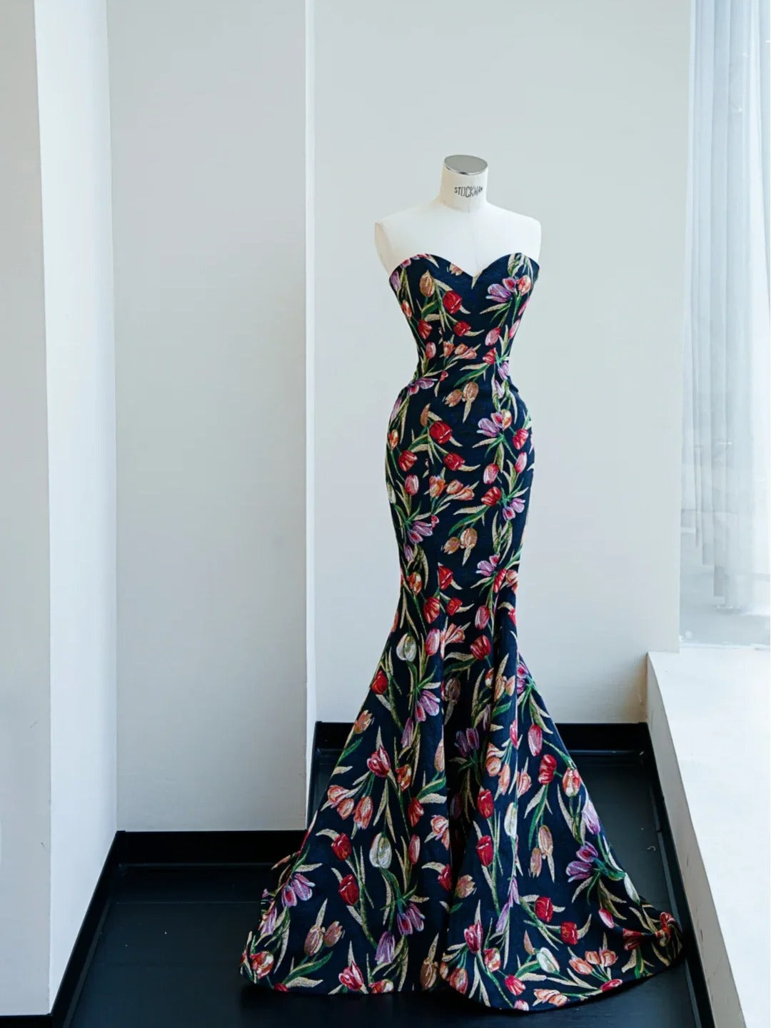 Robe de soirée sirène élégante en satin imprimé à col en cœur - RF0469