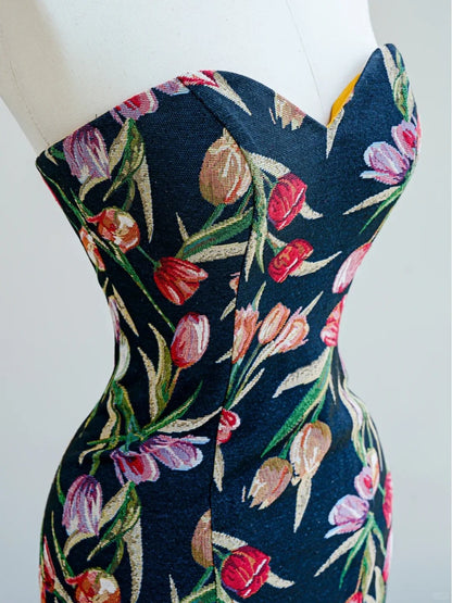 Robe de soirée sirène élégante en satin imprimé à col en cœur - RF0469